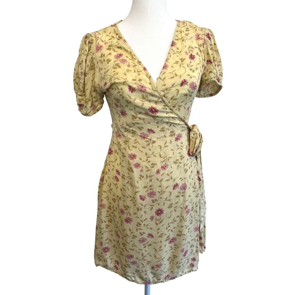 Billabong Floral Wrap Mini Dress Cottagecore Butter Yellow S Boho Coastal Summer
